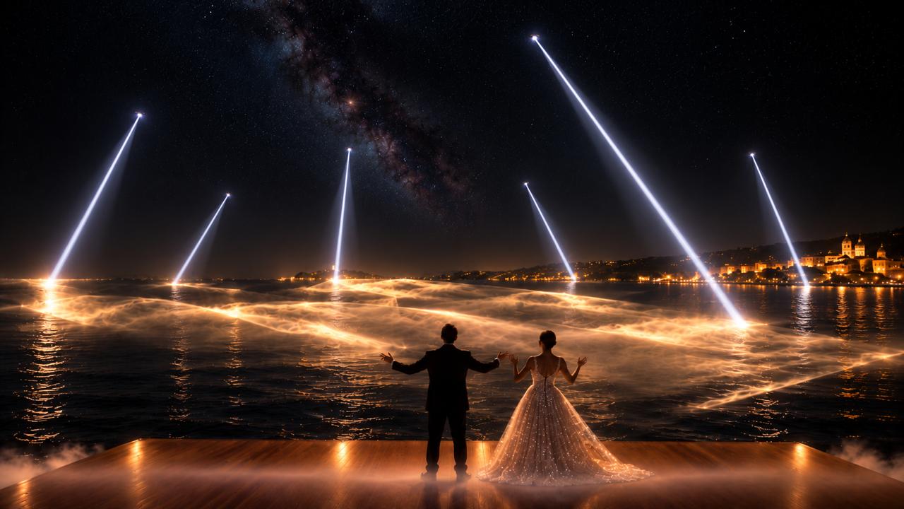 Two singers facing the sea, a luminous gown, golden light across the water and beams descending from the sky