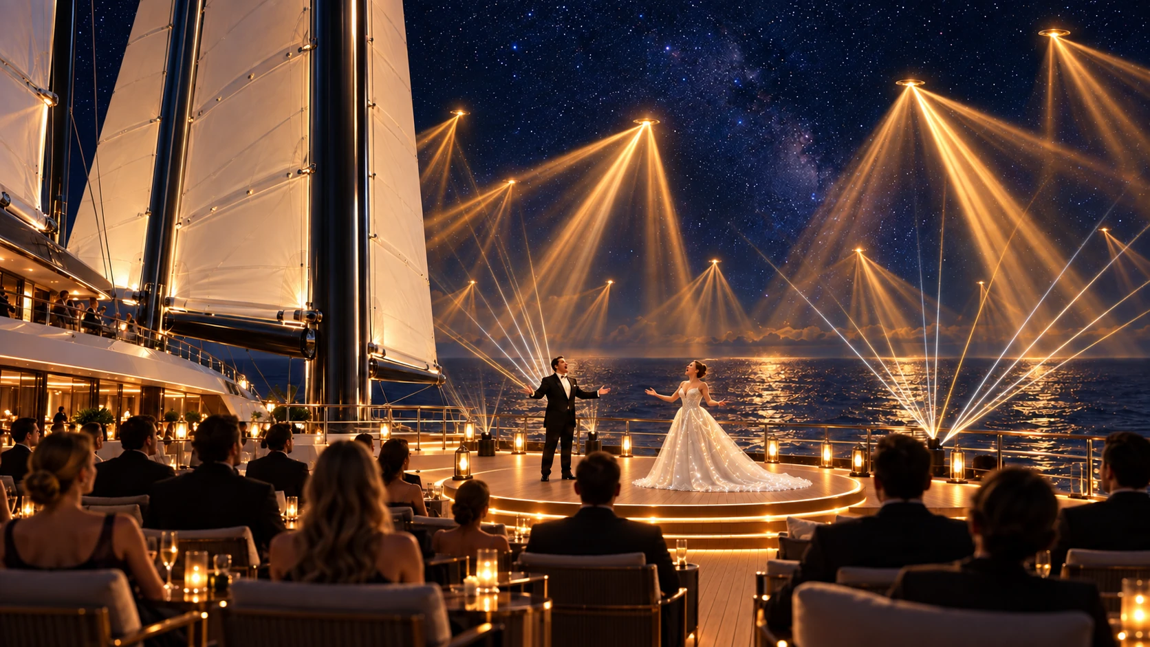 Concept image of Aria Luminosa aboard a luxury sailing yacht, seen from the seated audience as two singers perform beneath golden beams of light