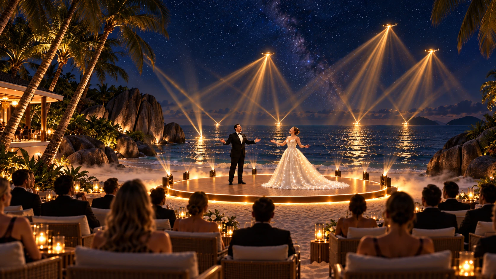 Aria Luminosa concept at a luxury resort in the Seychelles: audience view of a circular stage on the beach, a soprano in a luminous white gown, a tenor, and light and laser effects over the sea